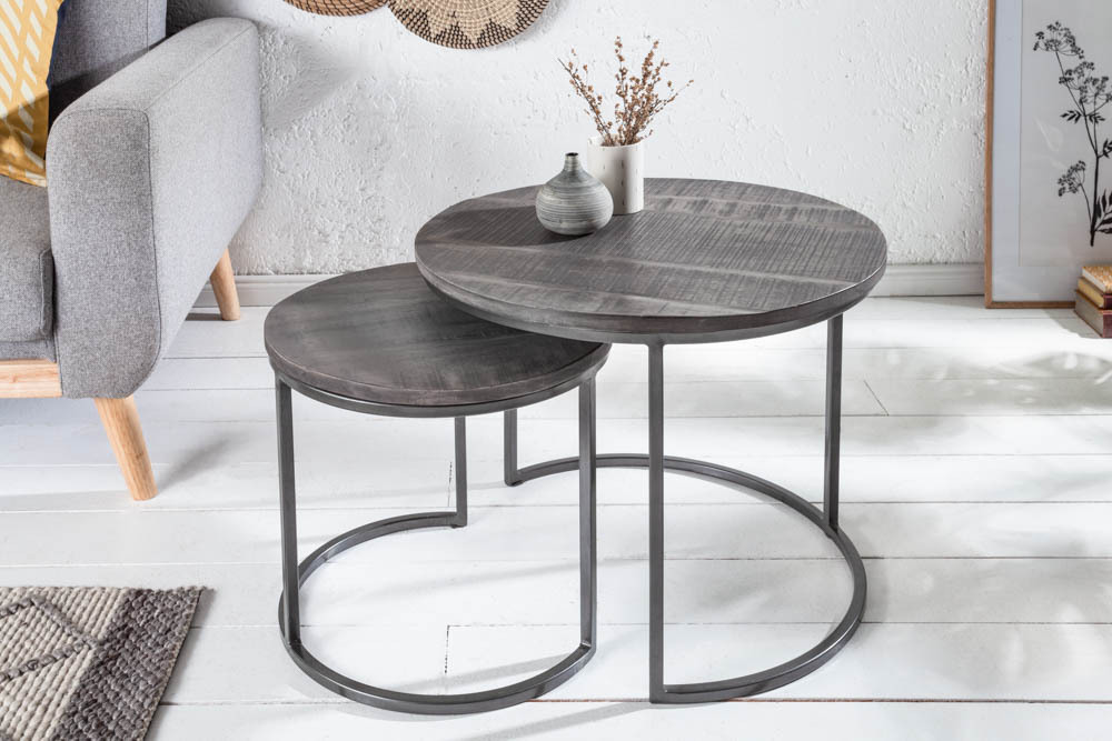 Industrial 2er Set Beistelltische ELEMENTS 60cm grau Mangoholz massiv rund schwarz Metall