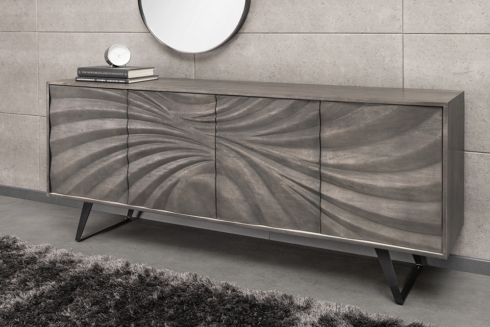 Massivholz Sideboard HURRICANE 175cm grau Akazie 3D-Design