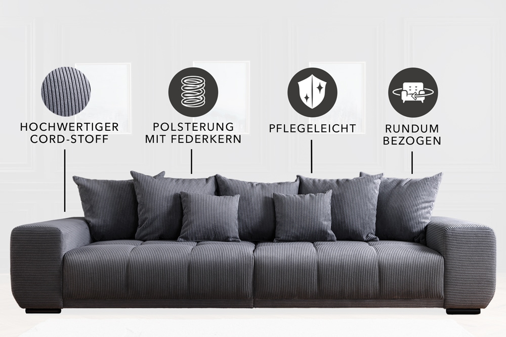 Modernes XXL Sofa ELEGANCIA 285cm anthrazit Cord inklusive Kissen Bigsofa