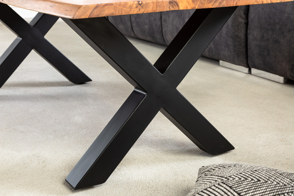 Massivholz Couchtisch MAMMUT 120cm Akazie Honey Finish X-Gestell schwarz 2,5cm Tischplatte