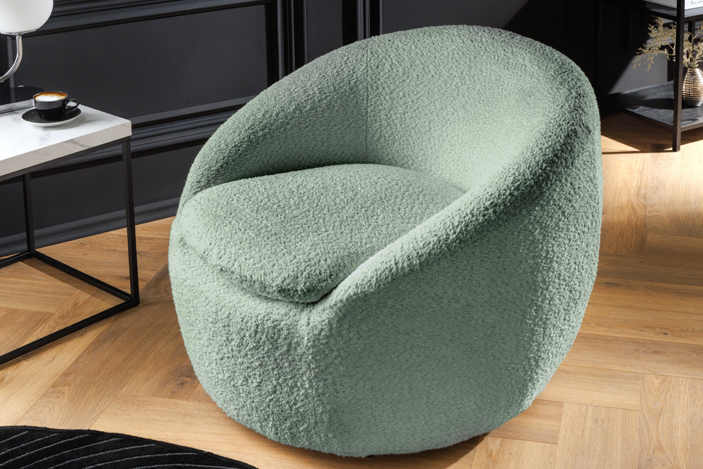 Drehbarer Design Sessel ALPINE salbei Bouclé 360° mit Armlehnen