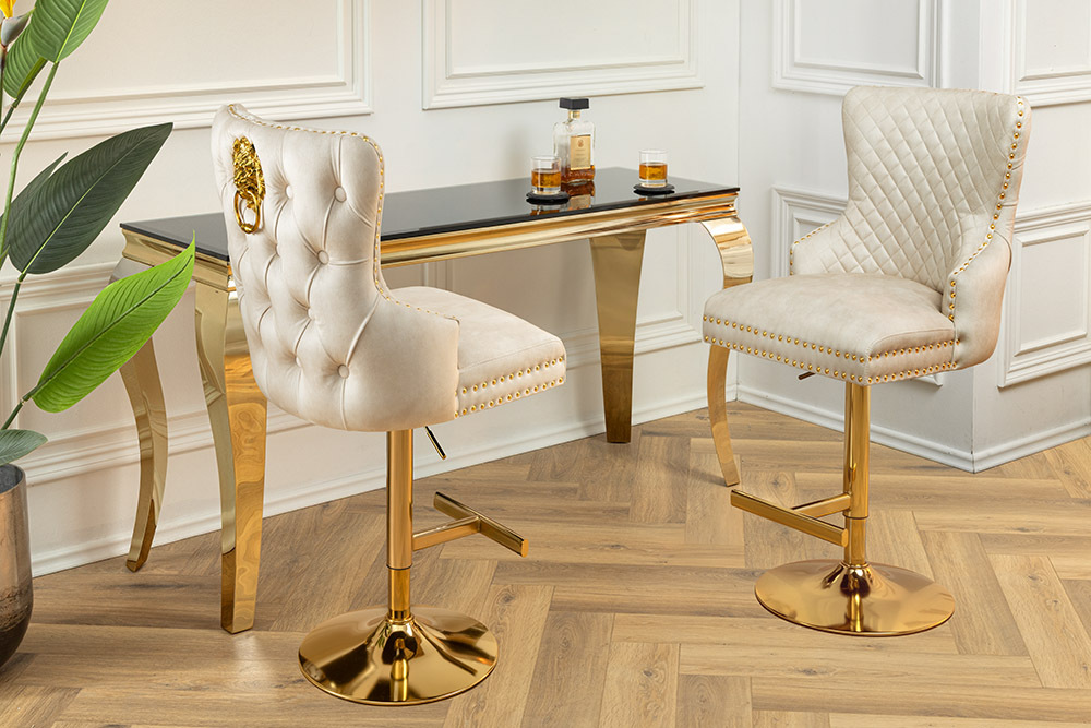 Höhenverstellbarer Barhocker CASTLE DELUXE beige Samt gold Edelstahl mit Löwenkopf