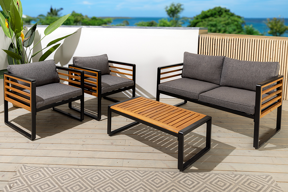 Outdoor Garten-Sitzgruppe PURE grau natur Akazie schwarz Metall inkl. Tisch Sitzpolster