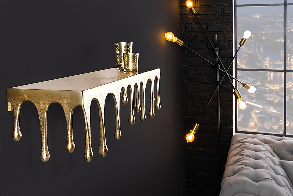 Handgefertigtes Wandregal LIQUID LINE 60cm gold antik Metall Tropfen-Design Handgefertigtes Wandregal LIQUID LINE 60cm gold antik Metall Tropfen-Design