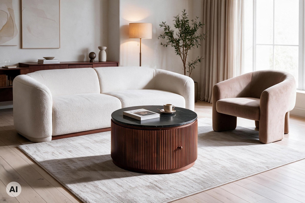 Runder Couchtisch COFFEE TABLE GATSBY 70cm braun schwarz Mangoholz Marmor Schublade