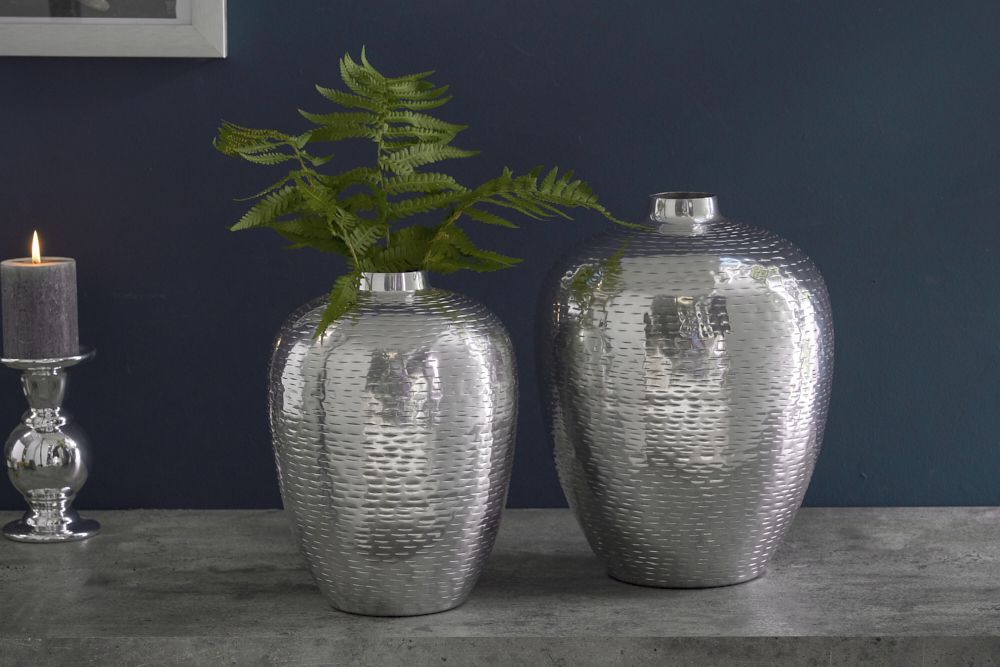 Elegantes Vasen 2er Set ORIENTAL 32cm silber im Rice Hammerschlag Design