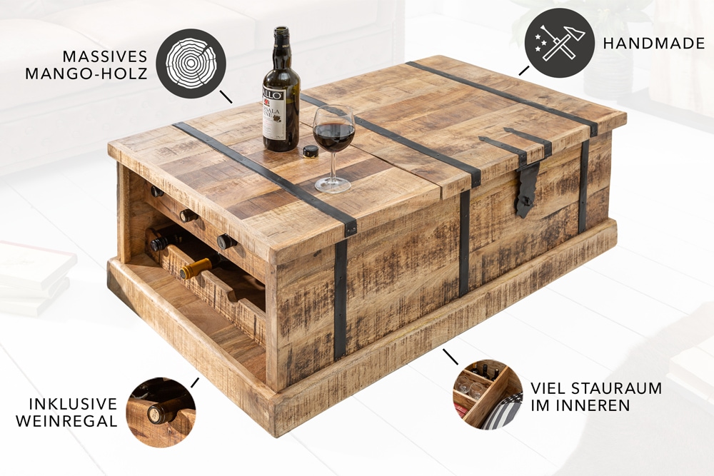 Massivholz Couchtisch BODEGA 100cm Mangoholz Hausbar Truhe mit Stauraum