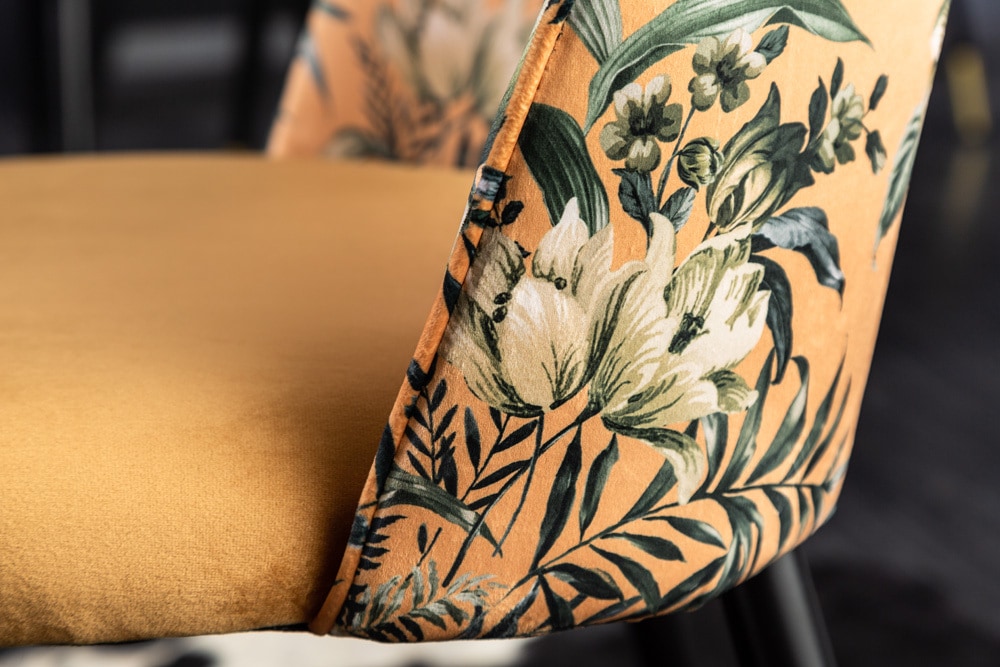 Design Stuhl PRÊT-À-PORTER gelb Samt florales Muster und goldene Fußkappen
