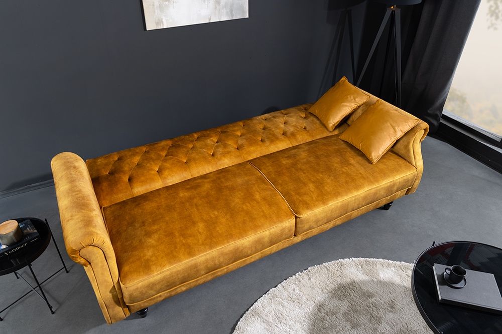 3-Sitzer Sofa MAISON BELLE AFFAIRE 220cm senfgelb Samt mit Schlaffunktion