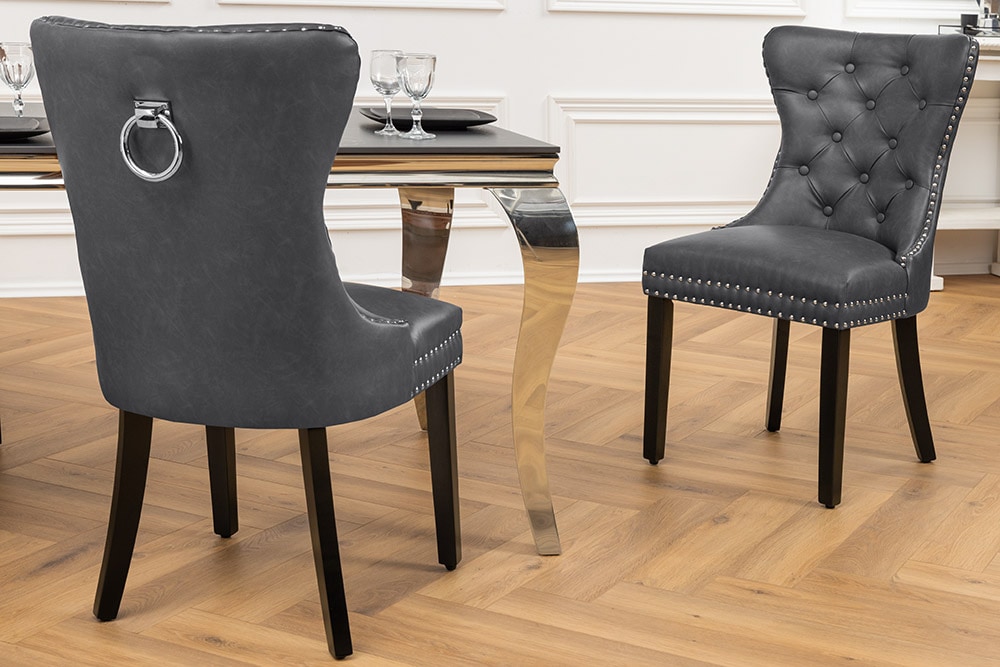 Chesterfield Stuhl CASTLE schwarz Kunstleder Massivholz mit Komfortgriff