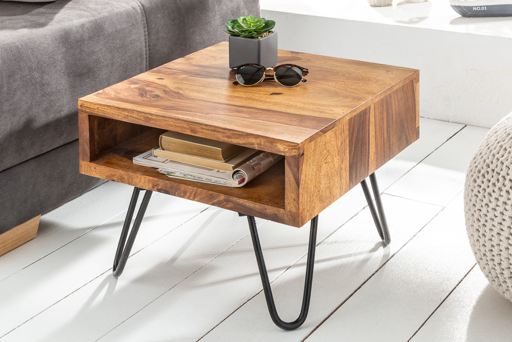 Massivholz Beistelltisch SCORPION 45cm braun Sheesham stone finish Hairpin Legs Stauraum