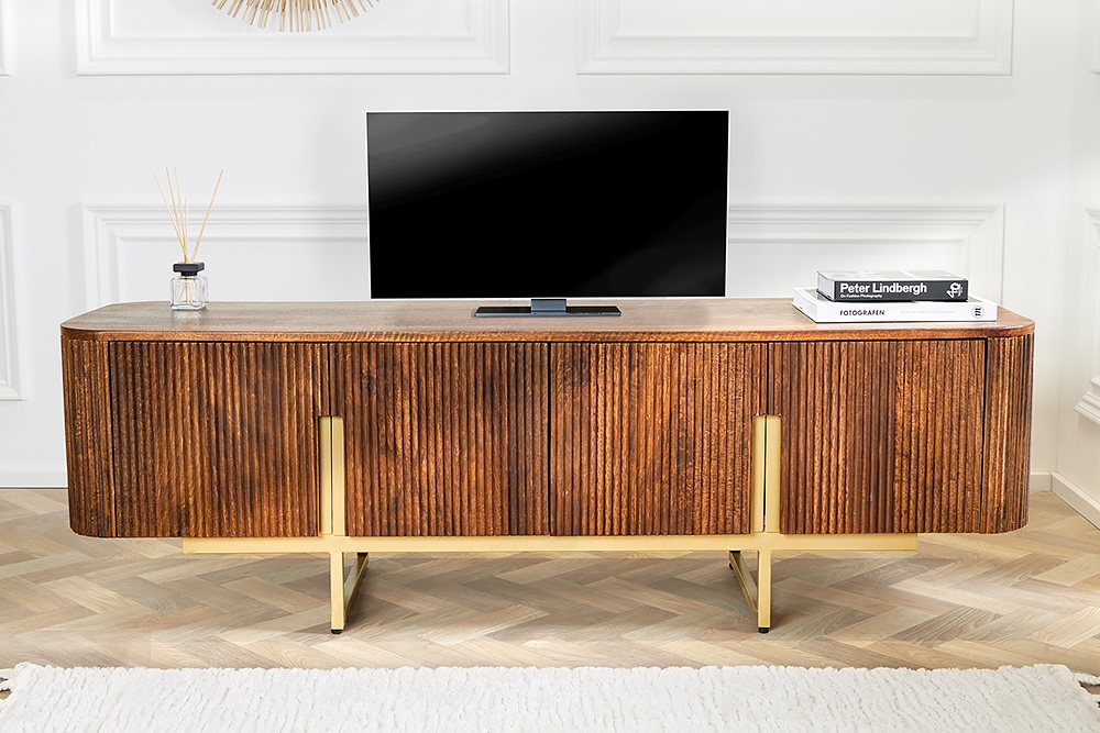 Design TV Board GATSBY 160cm braun mattgold Mangoholz Retro