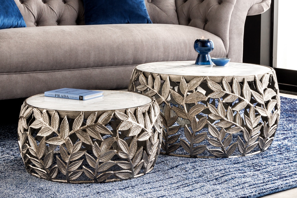 Rundes 2er Set Couchtische ABSTRACT LEAF 70cm weiß silber Marmor Metall Blatt-Design