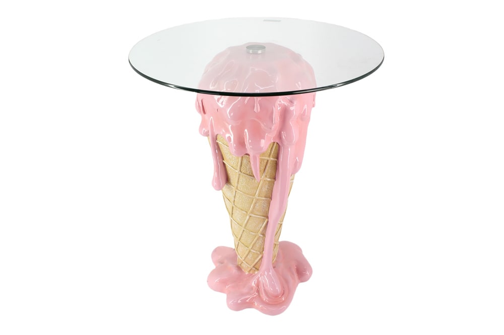 Einzigartiger Bistrotisch ICE CREAM 75cm beige rosa runde Tischplatte Glas handmade