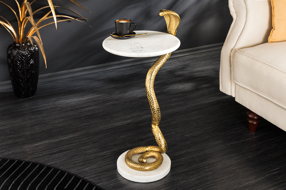 Runder Beistelltisch WILDLIFE COBRA 65cm gold weiß Marmor Schlangen-Skulptur handmade