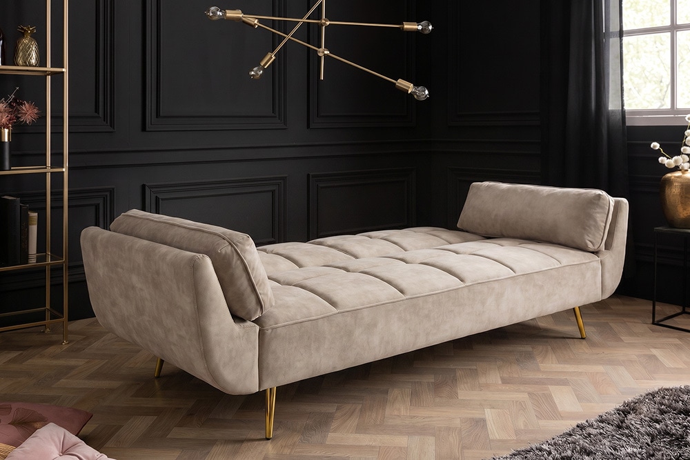 Retro Schlafsofa BOUTIQUE 215cm champagner beige Samt 3-Sitzer mit goldenen Füßen