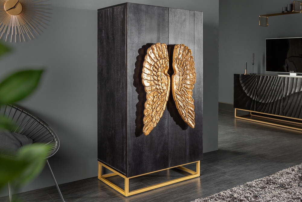 Extravagantes Highboard ANGEL 140cm schwarz Mangoholz mit goldenen Flügeln