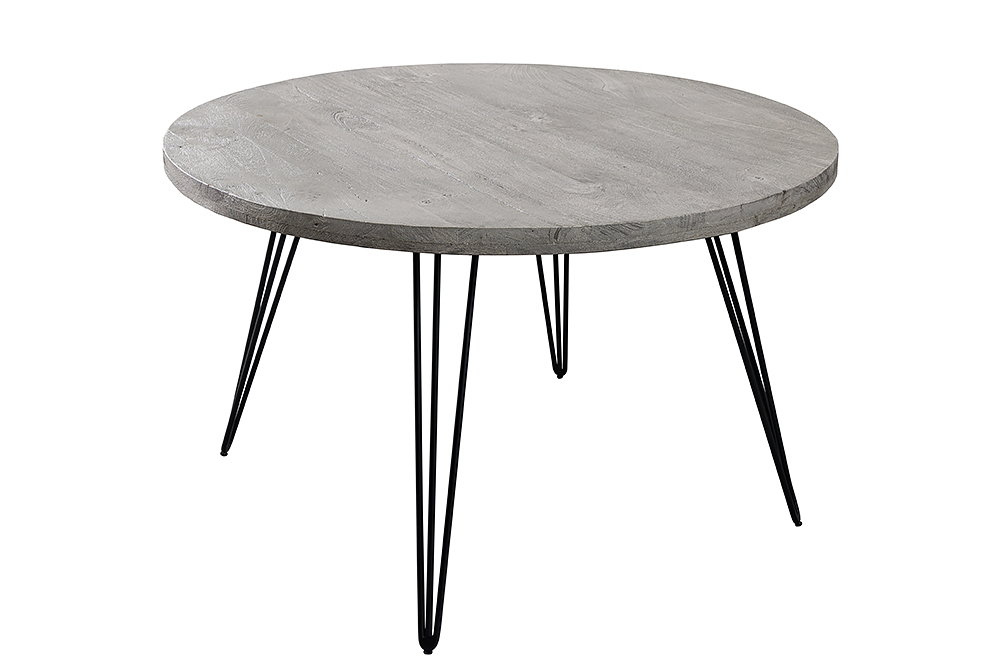 Runder Esstisch SCORPION 80cm grau Mangoholz massiv schwarze Metallbeine Hairpin Legs