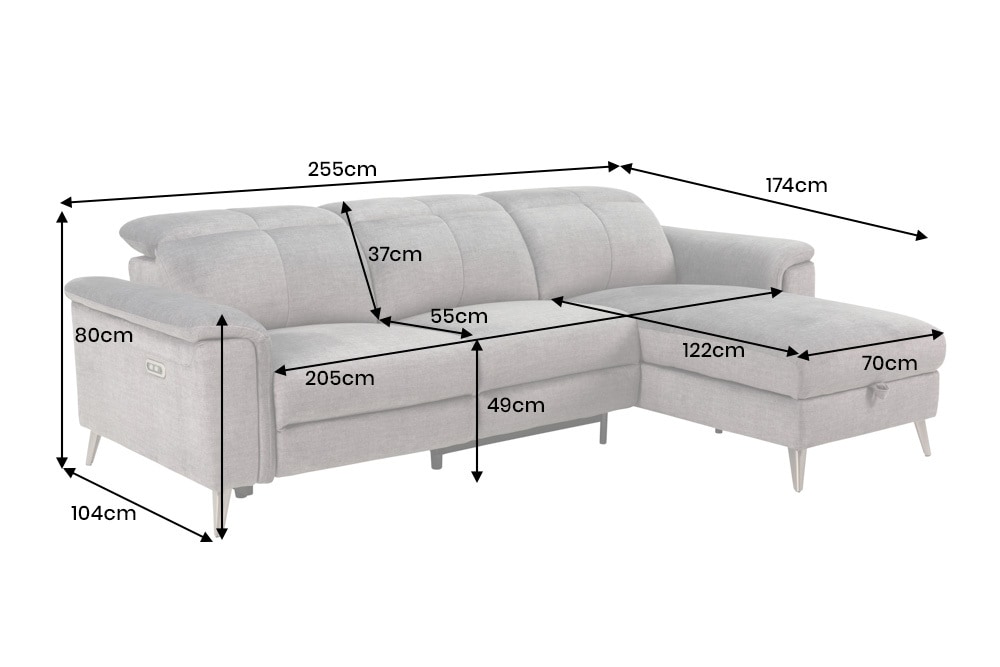 3-Sitzer Sofa IMPERIA 255cm grau Vogue Seiden Samtstoff elektrische Fußstütze