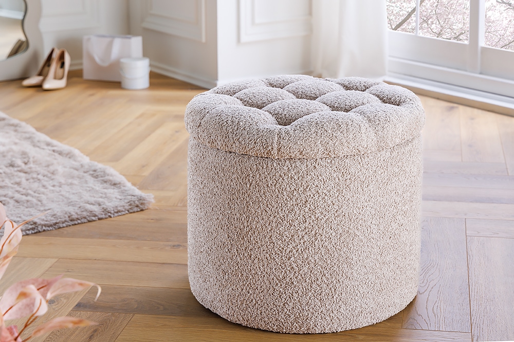 Runder Hocker MODERN BAROCK 50cm champagner Bouclé mit Stauraum » Jetzt kaufen