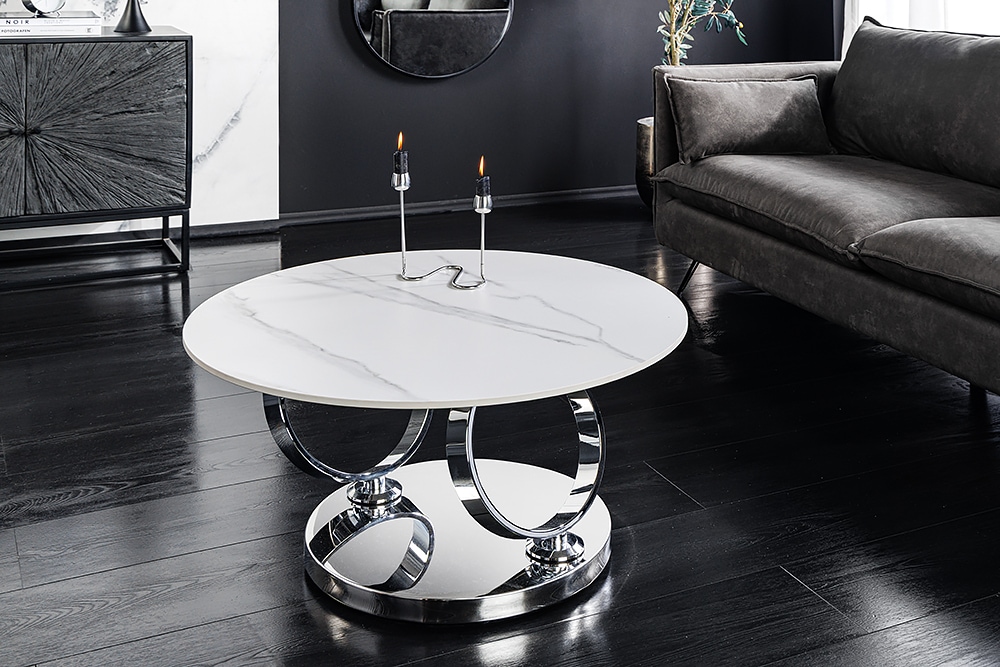 Design Couchtisch DANCING RINGS weiß rund drehbar Marmor Keramik Chrome Gestell