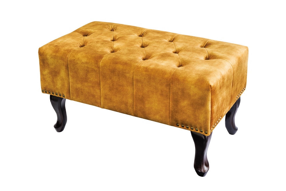 Design Fußhocker CHESTERFIELD 80cm senfgelb Samt Knopfheftung Nietenbesatz