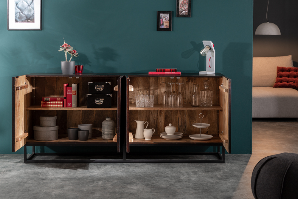 Massives Sideboard CREATIVO 180cm Mangoholz aufwändige 3D Front Retro Design