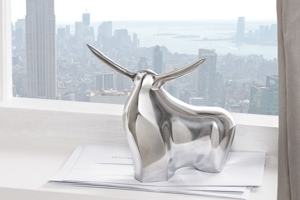 Moderne Skulptur BIG BULL silber Aluminium Dekoration Stierfigur Briefbeschwerer