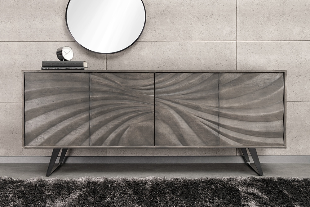 Massivholz Sideboard HURRICANE 175cm grau Akazie 3D-Design