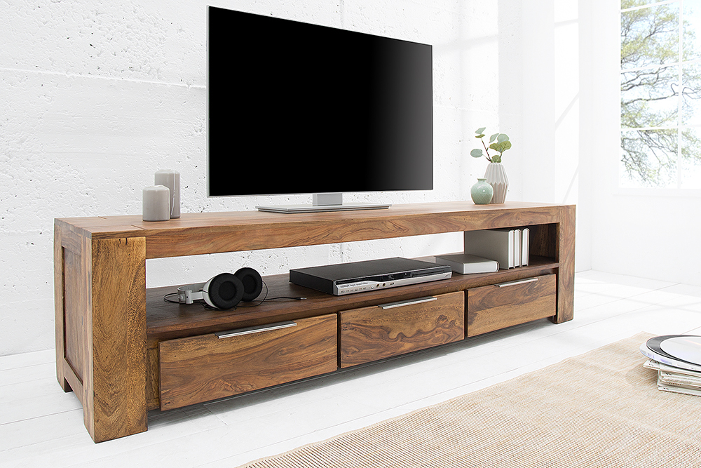 Massives TV-Board MAKASSAR 170cm braun Sheesham stone finish Lowboard drei Schubladen
