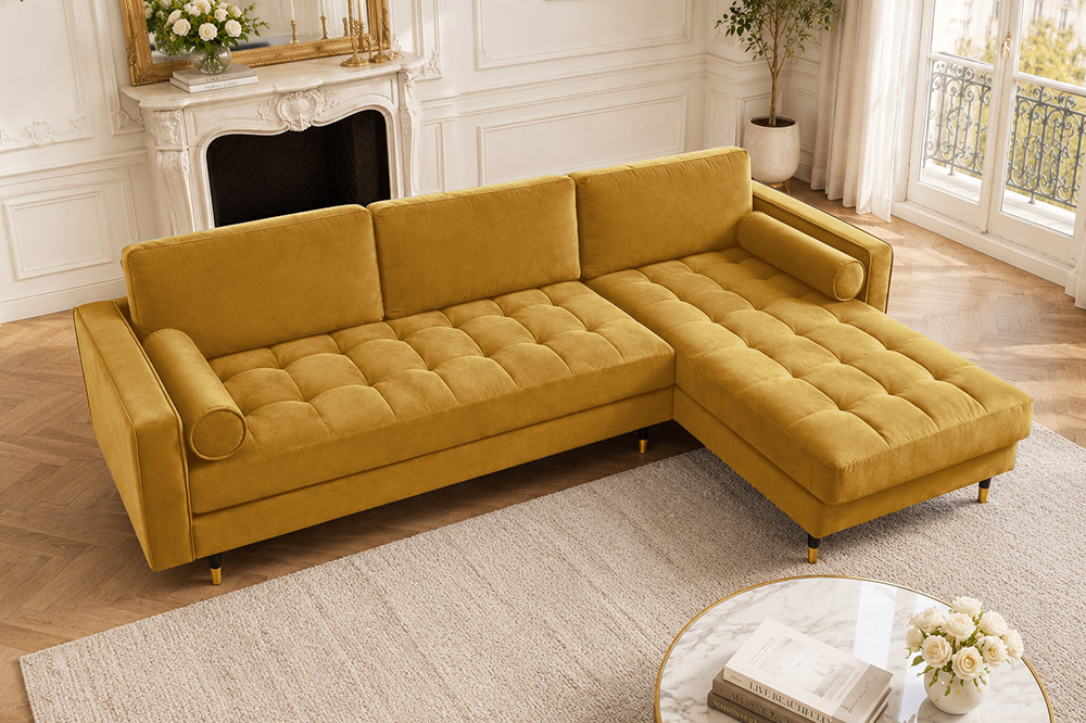 Elegantes Ecksofa COZY VELVET 260cm senfgelb Samt Federkern 3-Sitzer