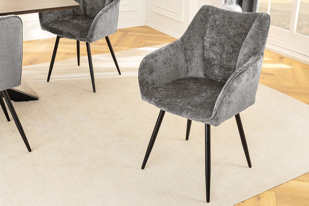 Drehbarer Retro Stuhl AVIGNON grau Chenille schwarze Metallbeine