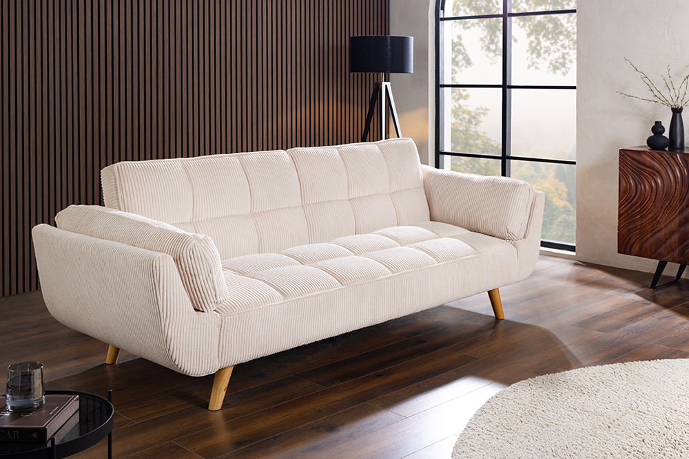Schlafsofa BOUTIQUE 215cm beige Cord 3-Sitzer mit Holz-Füßen natur