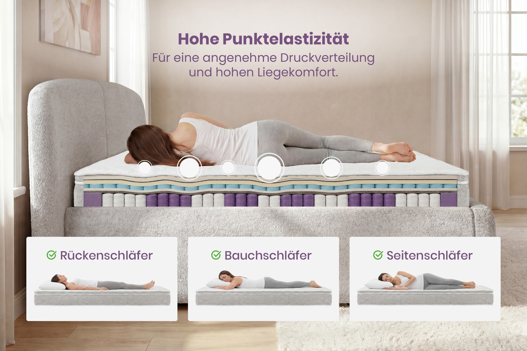 Ergonomische Boxspringmatratze CLOUD FLEX 180x200cm greige Tonnentaschenfederkern 9-Zonen