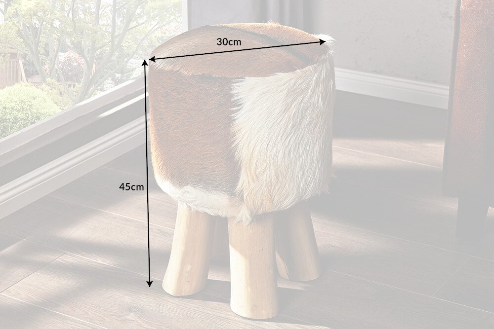 Design Sitzhocker HIDE 45cm braun weiß mit Ziegenfell und Teakholz