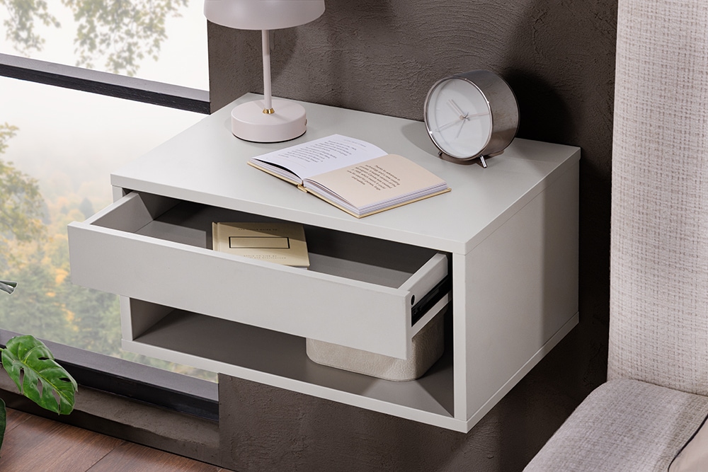 Design Nachttisch COMFORT 50cm weiß hängend mit Schublade und offenem Fach » Jetzt kaufen
