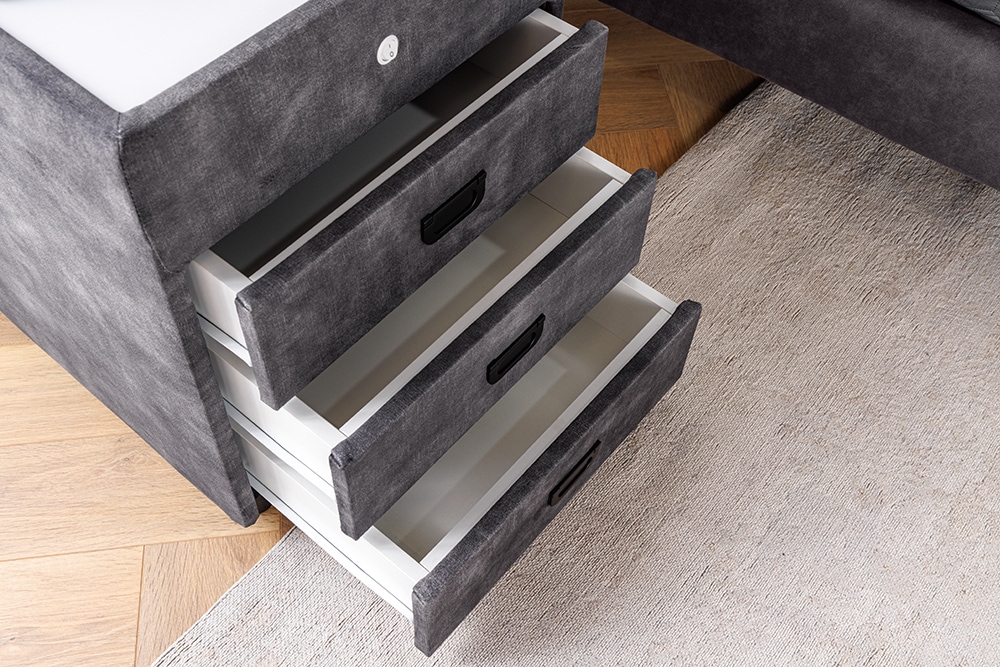 Quadratischer Nachttisch PARIS 55cm grau Samt inkl. Beleuchtung und Schubladen