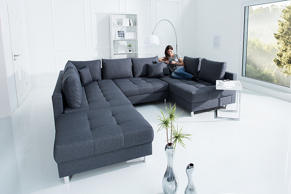 Moderne XXL Wohnlandschaft KENT 305cm anthrazit Federkern Bigsofa inkl. Hocker