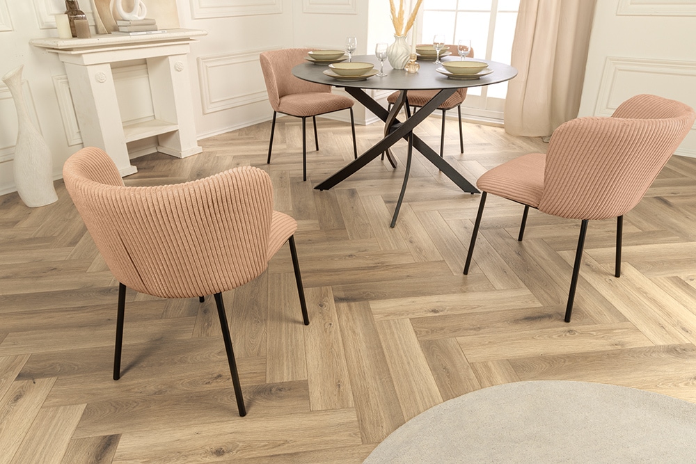 Design Stuhl LYON rosa Cord schwarze Metallbeine
