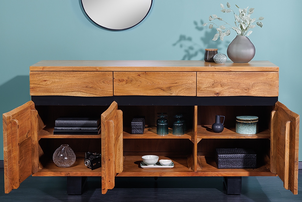 Massivholz Sideboard MAMMUT 160cm Akazie honey finish Metall Baumkante mit Schubladen