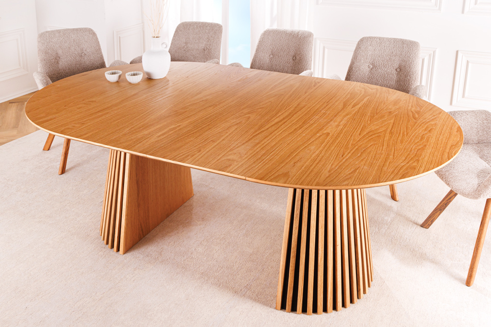 Ausziehbarer Esstisch VALHALLA WOOD 120-160-200cm natur Eichenholz oval Säulenfuß