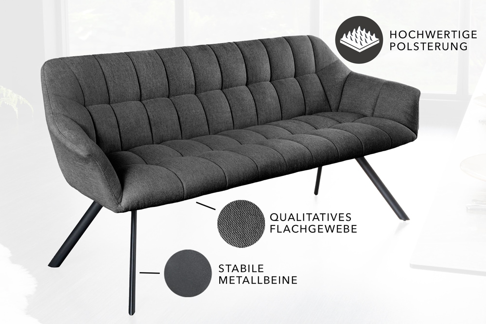 Esszimmer Sitzbank PAPILLON 165cm anthrazit Flachgewebe mit Lehnen schwarzes Metallgestell