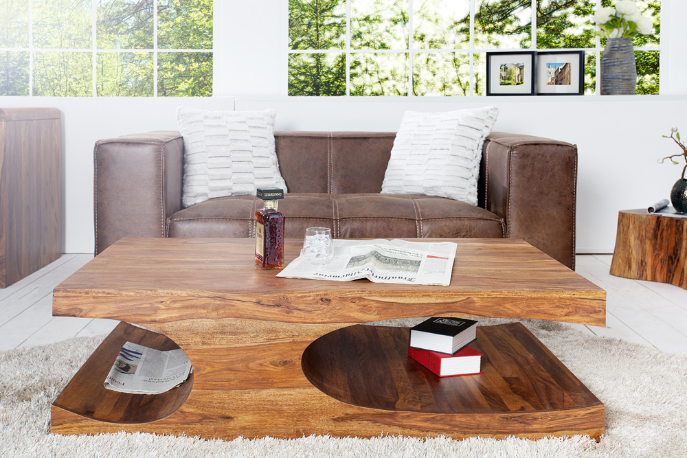 Design Couchtisch CUBUS 120cm braun Sheesham Massivholz stone finish mit Stauraum
