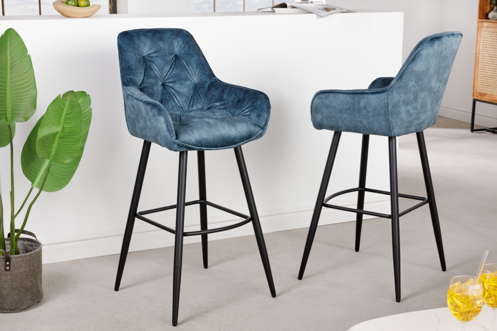 Design Barhocker MILANO petrol Samt Barstuhl mit Lehne Metall schwarz