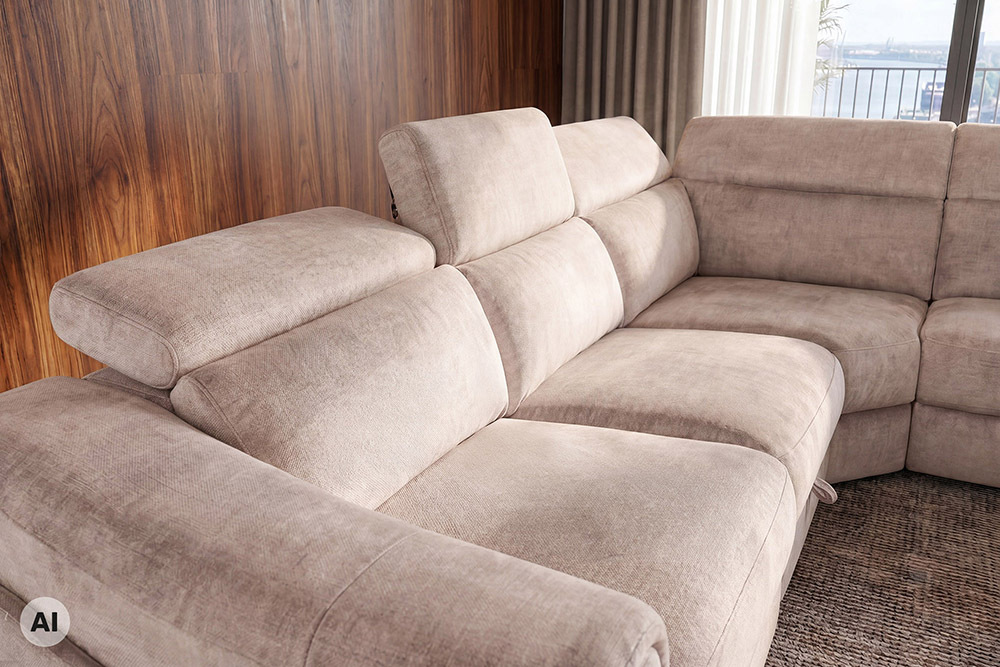 Multifunktionales Ecksofa PRIME 300cm beige Vogue Seiden Samtstoff Relaxfunktion