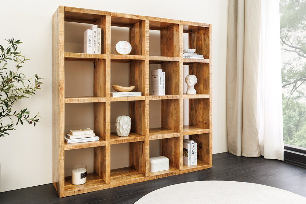 Massives Regal IRON CRAFT 160cm natur Mangoholz Bücherregal sechzehn Fächer