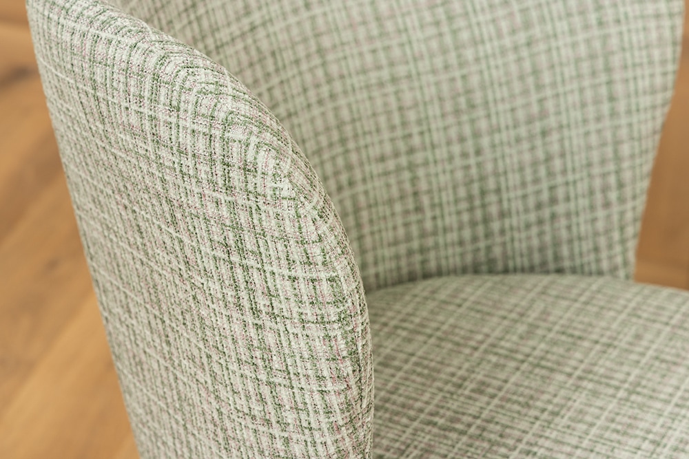 Design Stuhl LYON grün-rosa kariert Bouclé schwarze Metallbeine