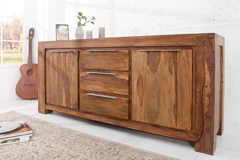 Massivholz Sideboard MAKASSAR 175cm braun Sheesham stone finish Kommode mit Schubladen