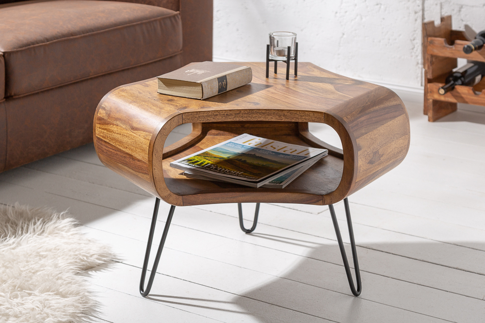 Retro Couchtisch ORGANIC LIVING 70cm braun Sheesham Massivholz stone finish Stauraum