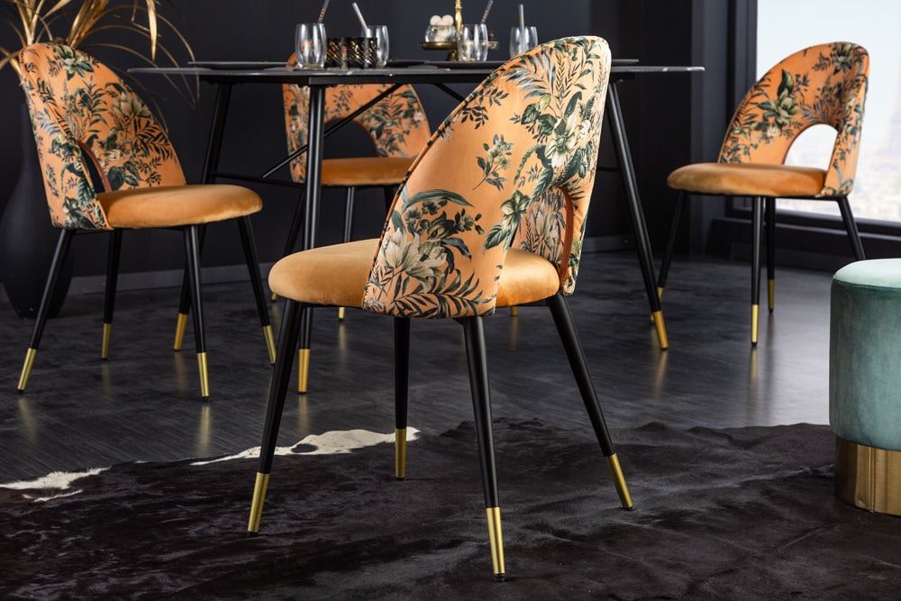 Design Stuhl PRÊT-À-PORTER gelb Samt florales Muster und goldene Fußkappen